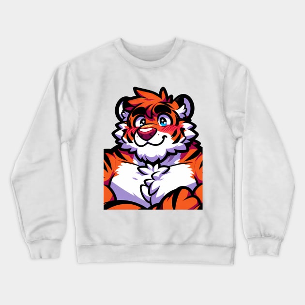 Blushing UwU Furry Anthro Tiger Art Crewneck Sweatshirt by Blue Bull Bazaar